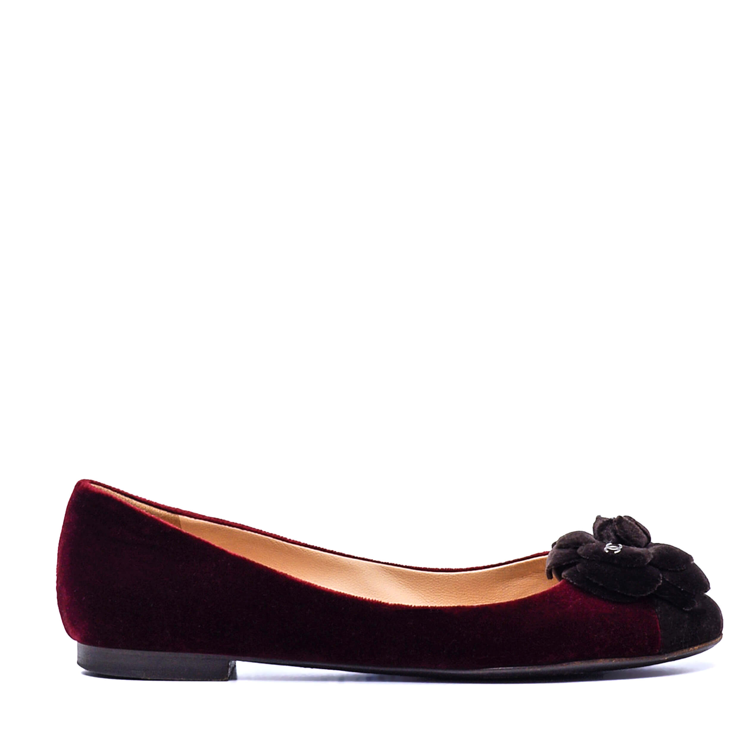 Chanel - Bordeaux & Brown Velvet CC Camellia Flower Ballet Flats / 38